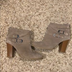 Tan ankle booties with silver buckle size 6
